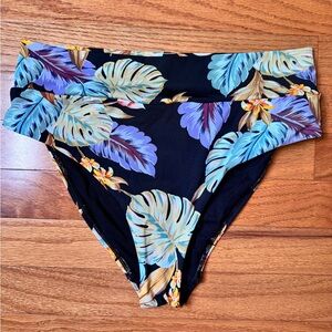 Tropical Leaf Print High Waisted Bikini Bottom